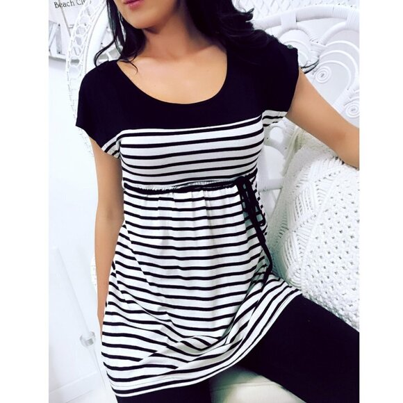 NWT Black White Nautical Stripe Drawstring Scoop Neck Shoulder Button Detail Top - Picture 1 of 8
